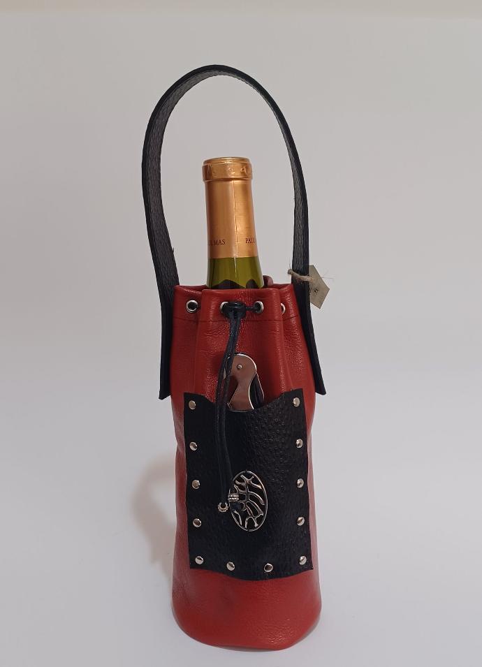Étui à bouteille de vin en cuir avec breloque Branches de vigne